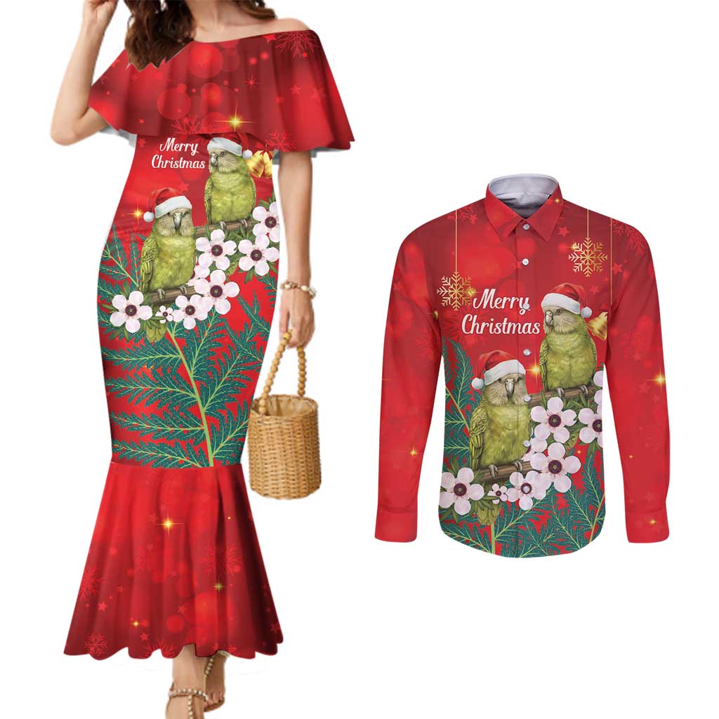 New Zealand Kakapo Christmas Couples Matching Mermaid Dress and Long Sleeve Button Shirt Owl Parrot Santa Sliver Fern Manuka - Red - Polynesian Pride
