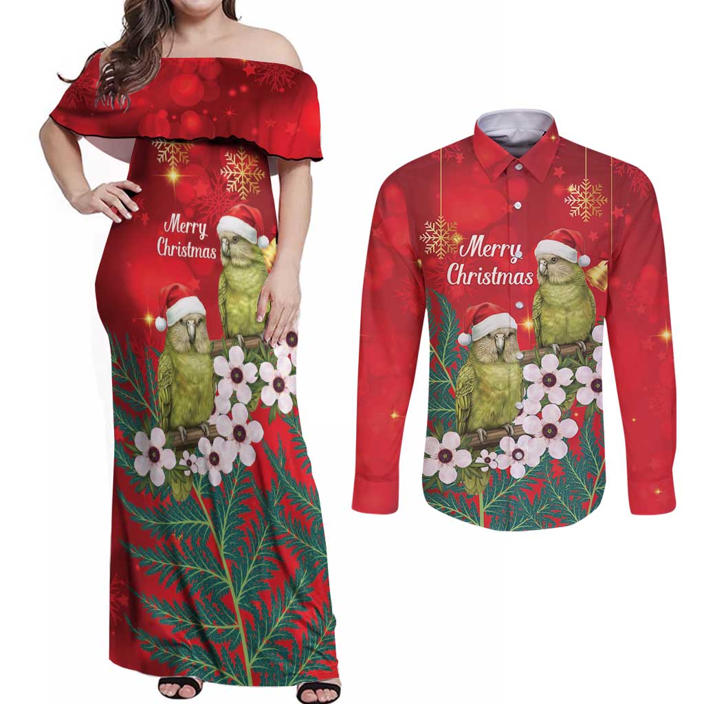 New Zealand Kakapo Christmas Couples Matching Off Shoulder Maxi Dress and Long Sleeve Button Shirt Owl Parrot Santa Sliver Fern Manuka - Red - Polynesian Pride