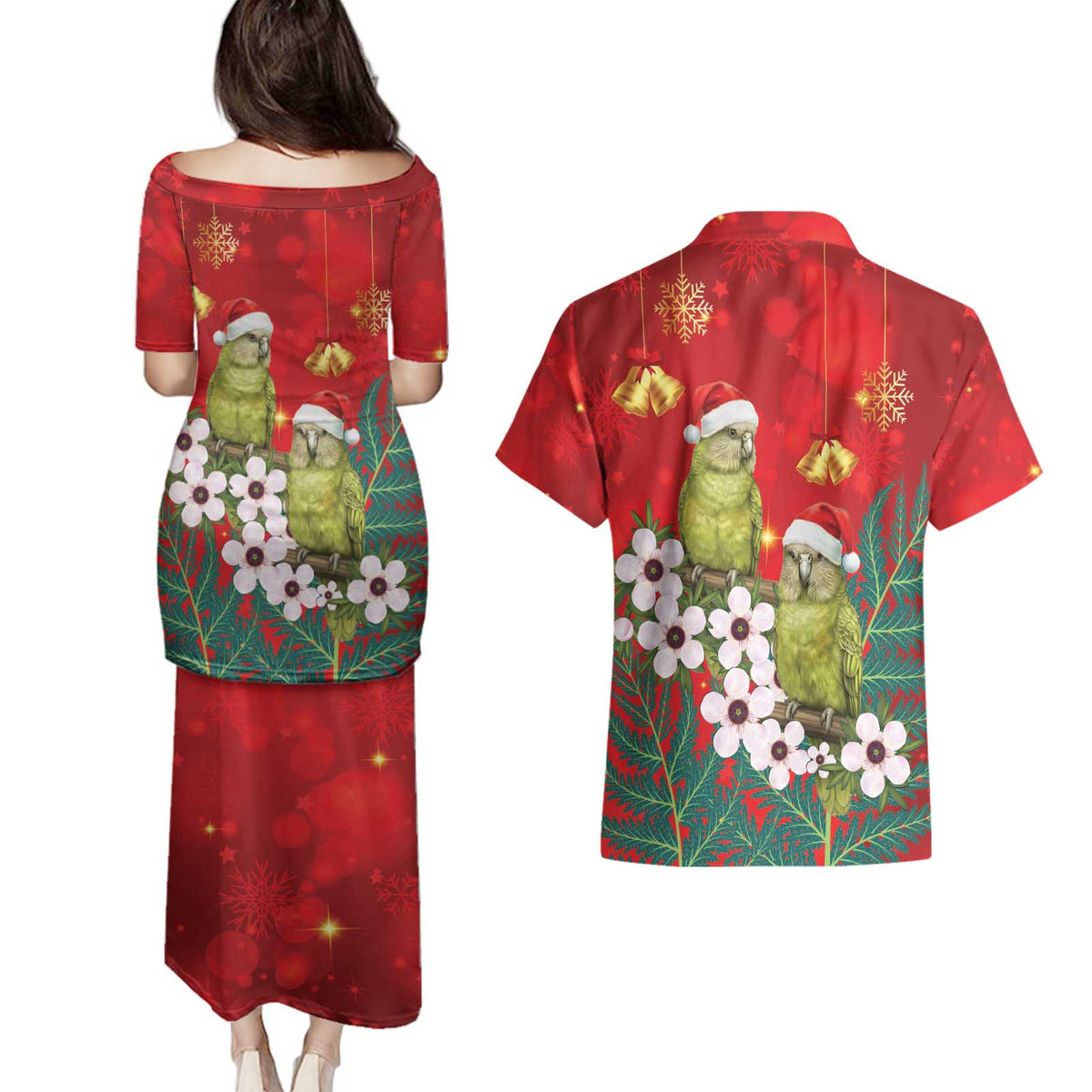 New Zealand Kakapo Christmas Couples Matching Puletasi and Hawaiian Shirt Owl Parrot Santa Sliver Fern Manuka - Red - Polynesian Pride