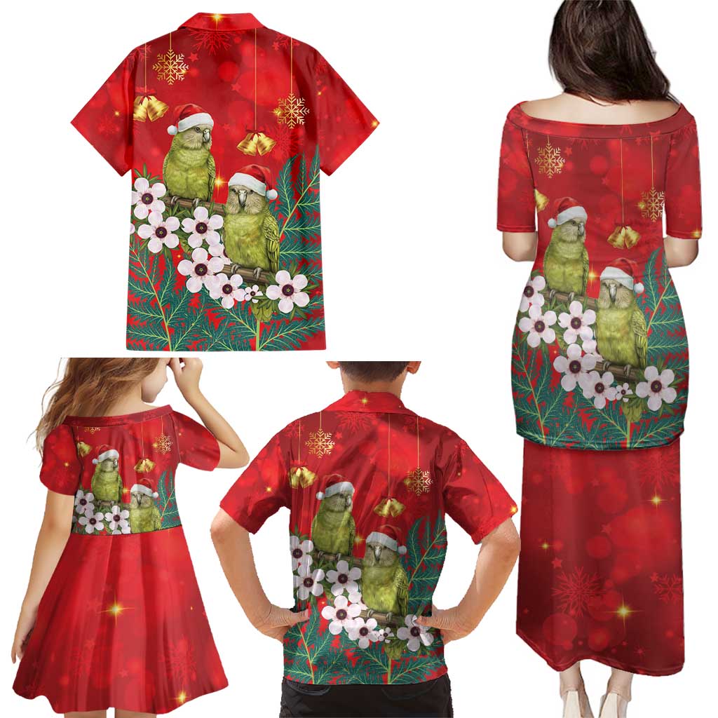 New Zealand Kakapo Christmas Family Matching Puletasi and Hawaiian Shirt Owl Parrot Santa Sliver Fern Manuka - Red - Polynesian Pride