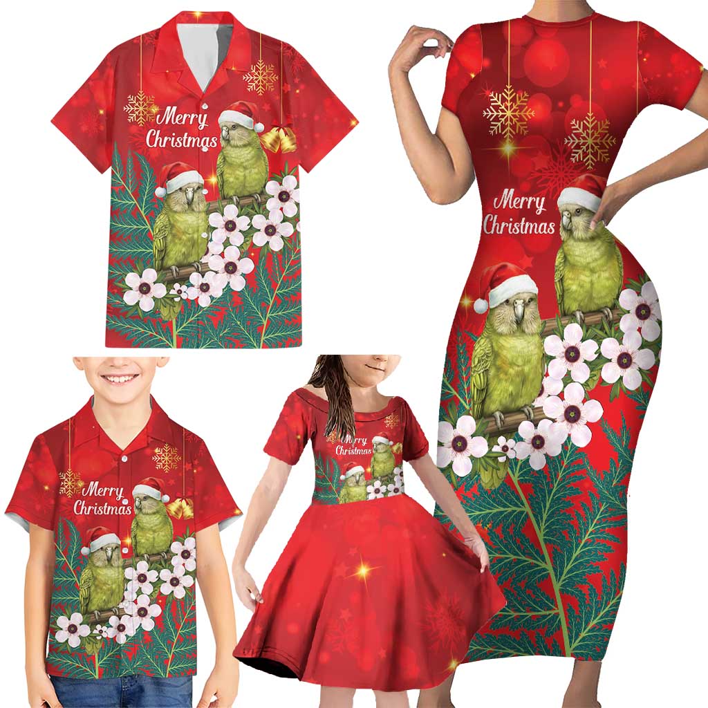 New Zealand Kakapo Christmas Family Matching Short Sleeve Bodycon Dress and Hawaiian Shirt Owl Parrot Santa Sliver Fern Manuka - Red - Polynesian Pride
