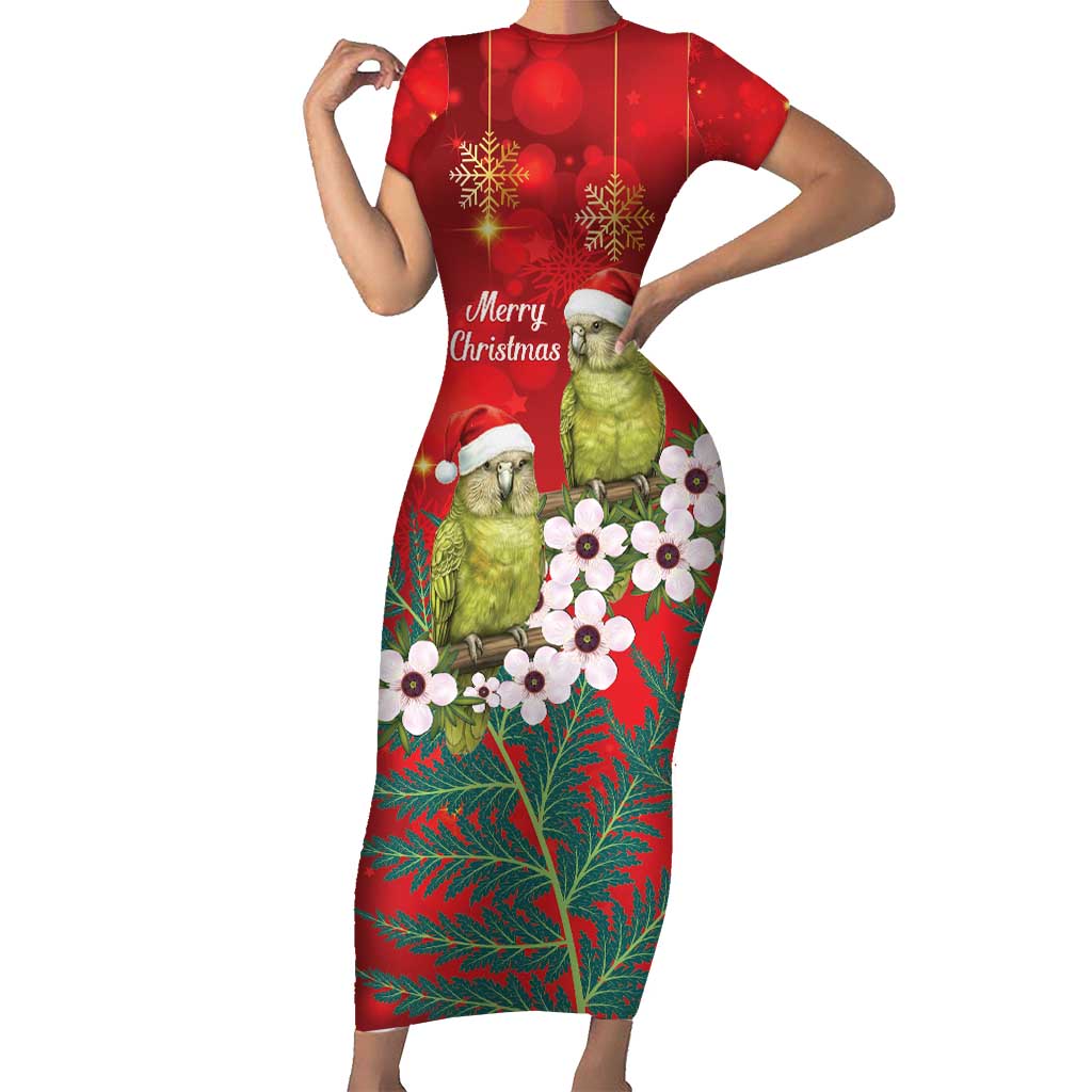 New Zealand Kakapo Christmas Family Matching Short Sleeve Bodycon Dress and Hawaiian Shirt Owl Parrot Santa Sliver Fern Manuka - Red - Polynesian Pride