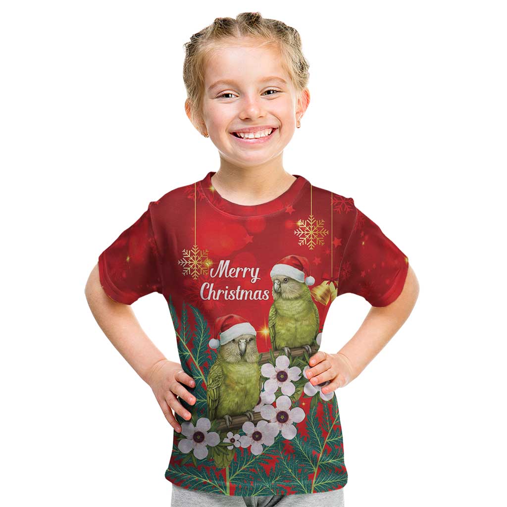 New Zealand Kakapo Christmas Kid T Shirt Owl Parrot Santa Sliver Fern Manuka - Red - Polynesian Pride