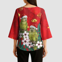 New Zealand Kakapo Christmas Kimono Sleeve Blouse Owl Parrot Santa Sliver Fern Manuka - Red - Polynesian Pride