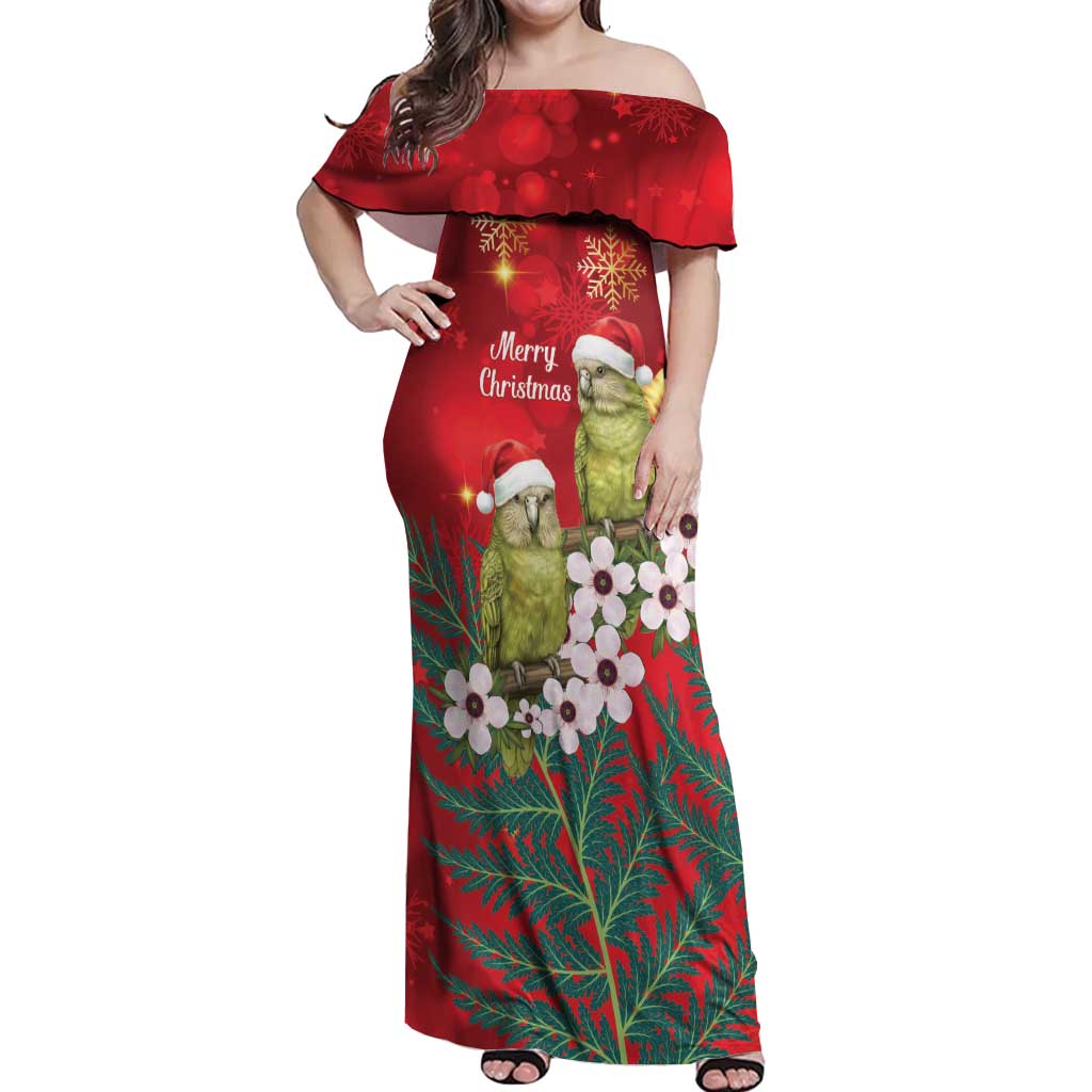 New Zealand Kakapo Christmas Off Shoulder Maxi Dress Owl Parrot Santa Sliver Fern Manuka - Red - Polynesian Pride
