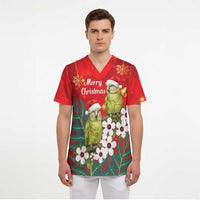New Zealand Kakapo Christmas Scrub Top Owl Parrot Santa Sliver Fern Manuka - Red - Polynesian Pride