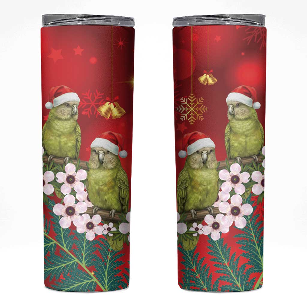 New Zealand Kakapo Christmas Skinny Tumbler Owl Parrot Santa Sliver Fern Manuka - Red - Polynesian Pride