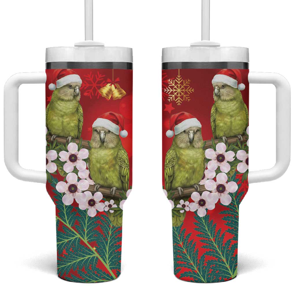 New Zealand Kakapo Christmas Tumbler With Handle Owl Parrot Santa Sliver Fern Manuka - Red - Polynesian Pride
