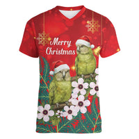 New Zealand Kakapo Christmas Women V-Neck T-Shirt Owl Parrot Santa Sliver Fern Manuka - Red - Polynesian Pride