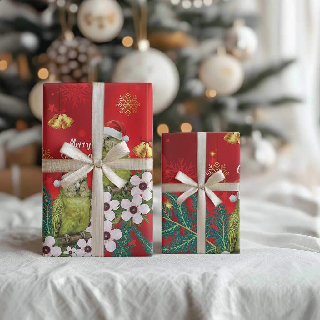 New Zealand Kakapo Christmas Wrapping Paper Owl Parrot Santa Sliver Fern Manuka - Red - Polynesian Pride