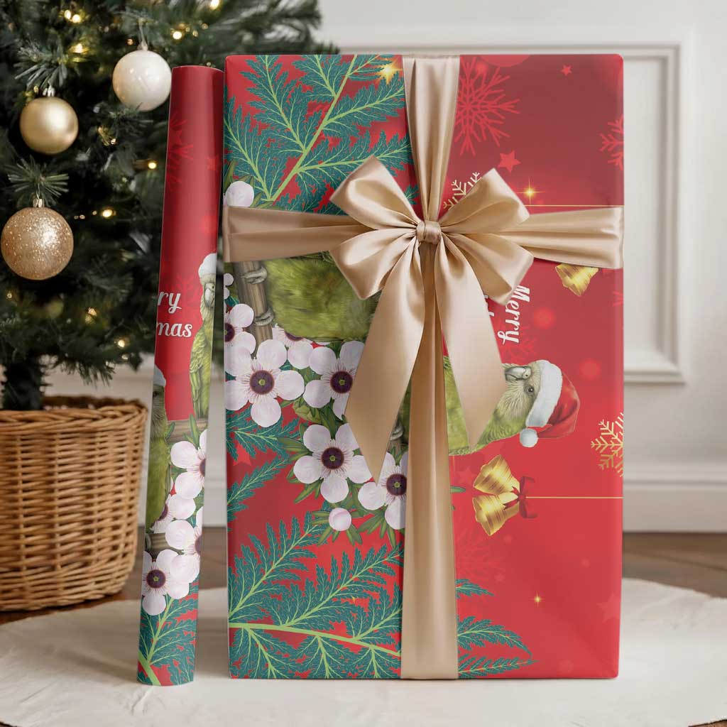 New Zealand Kakapo Christmas Wrapping Paper Owl Parrot Santa Sliver Fern Manuka - Red - Polynesian Pride
