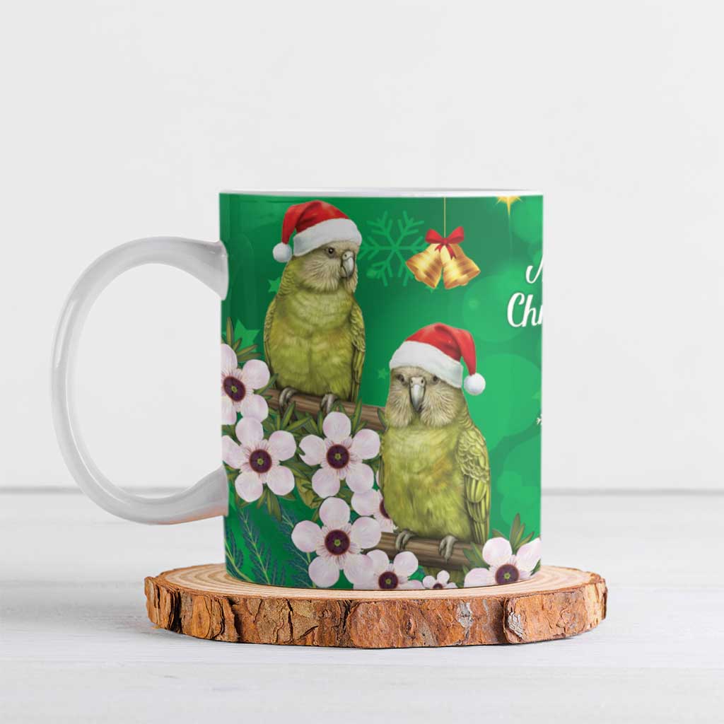 New Zealand Kakapo Christmas Ceramic Mug Owl Parrot Santa Sliver Fern Manuka - Green - Polynesian Pride