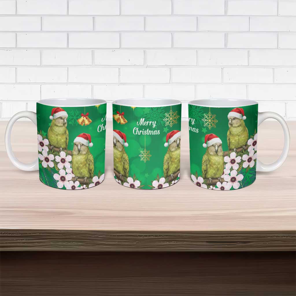 New Zealand Kakapo Christmas Ceramic Mug Owl Parrot Santa Sliver Fern Manuka - Green - Polynesian Pride