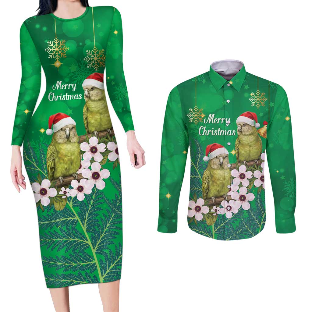 New Zealand Kakapo Christmas Couples Matching Long Sleeve Bodycon Dress and Long Sleeve Button Shirt Owl Parrot Santa Sliver Fern Manuka - Green - Polynesian Pride