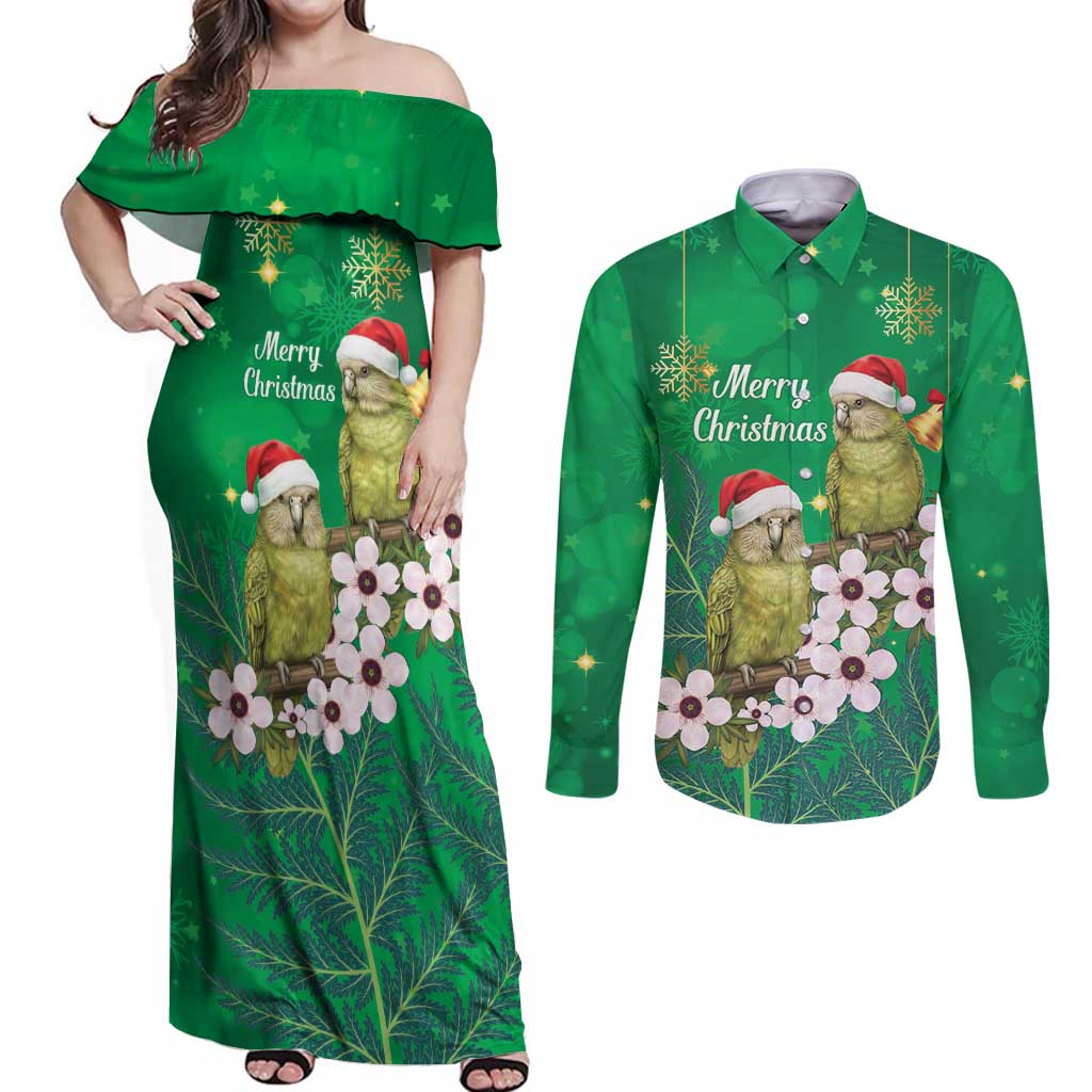 New Zealand Kakapo Christmas Couples Matching Off Shoulder Maxi Dress and Long Sleeve Button Shirt Owl Parrot Santa Sliver Fern Manuka - Green - Polynesian Pride