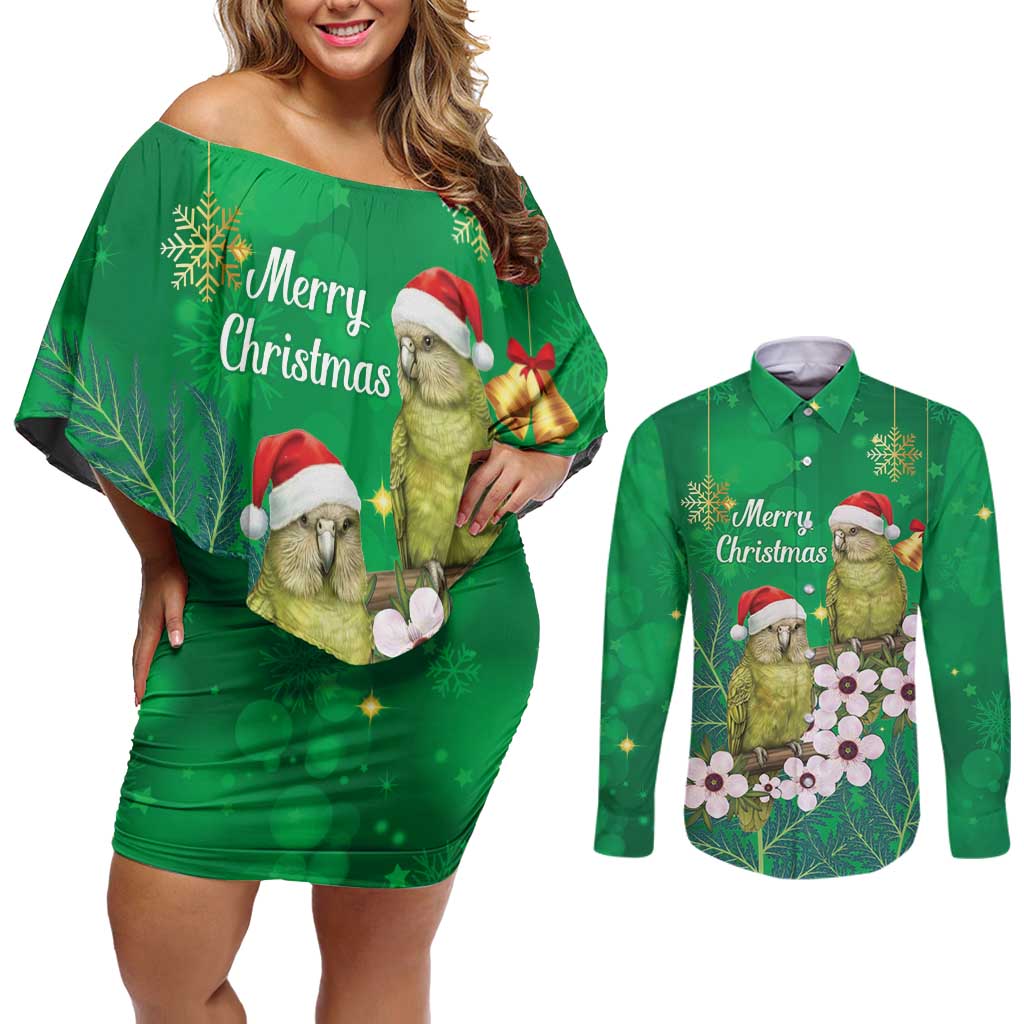 New Zealand Kakapo Christmas Couples Matching Off Shoulder Short Dress and Long Sleeve Button Shirt Owl Parrot Santa Sliver Fern Manuka - Green - Polynesian Pride