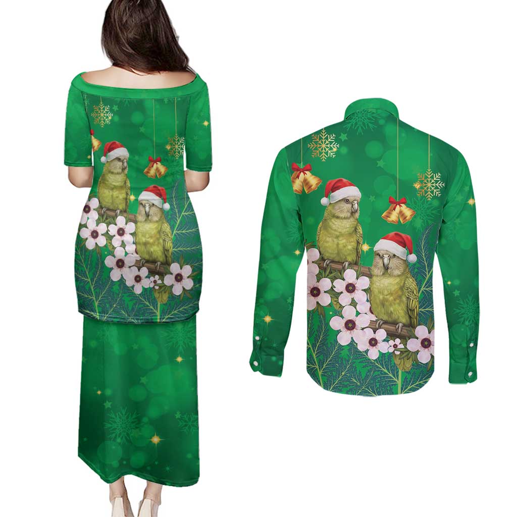 New Zealand Kakapo Christmas Couples Matching Puletasi and Long Sleeve Button Shirt Owl Parrot Santa Sliver Fern Manuka - Green - Polynesian Pride