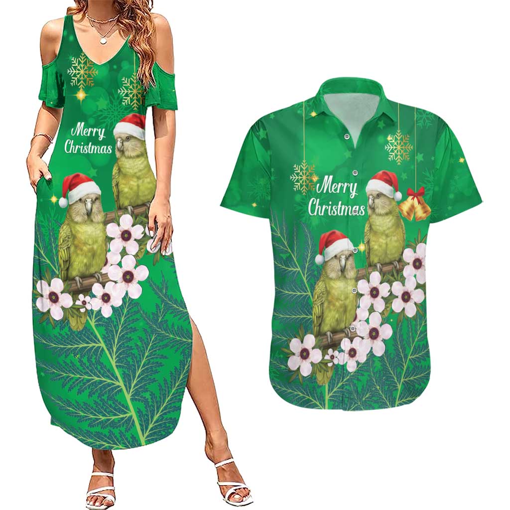 New Zealand Kakapo Christmas Couples Matching Summer Maxi Dress and Hawaiian Shirt Owl Parrot Santa Sliver Fern Manuka - Green - Polynesian Pride