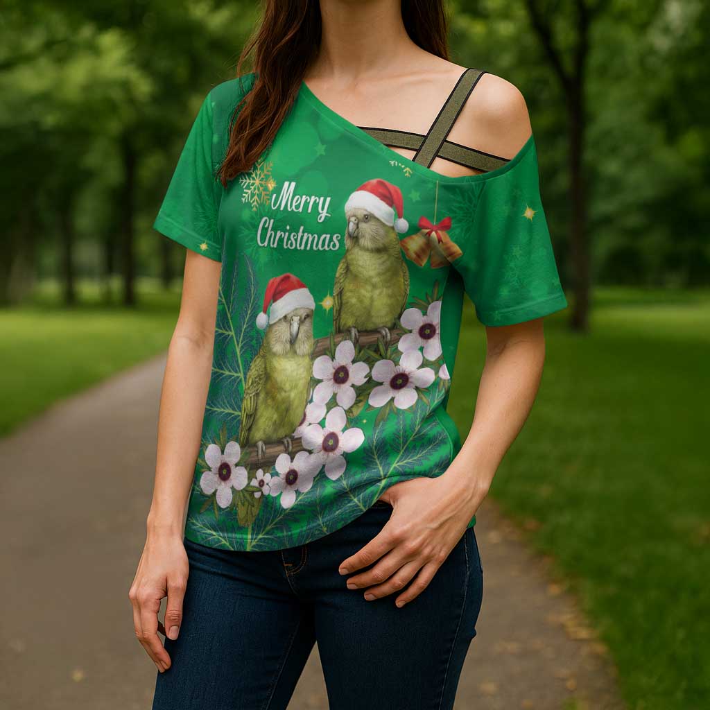 New Zealand Kakapo Christmas Cross Shoulder Shirt Owl Parrot Santa Sliver Fern Manuka - Green - Polynesian Pride