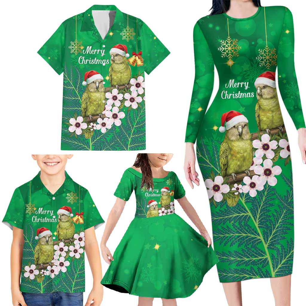 New Zealand Kakapo Christmas Family Matching Long Sleeve Bodycon Dress and Hawaiian Shirt Owl Parrot Santa Sliver Fern Manuka - Green - Polynesian Pride