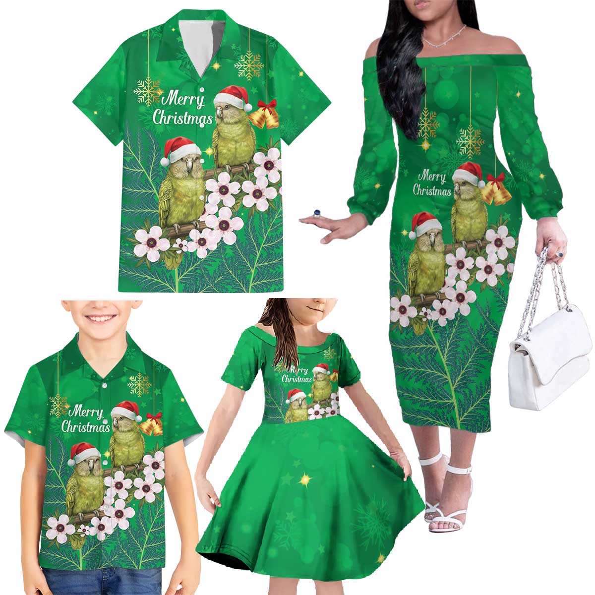 New Zealand Kakapo Christmas Family Matching Off The Shoulder Long Sleeve Dress and Hawaiian Shirt Owl Parrot Santa Sliver Fern Manuka - Green - Polynesian Pride