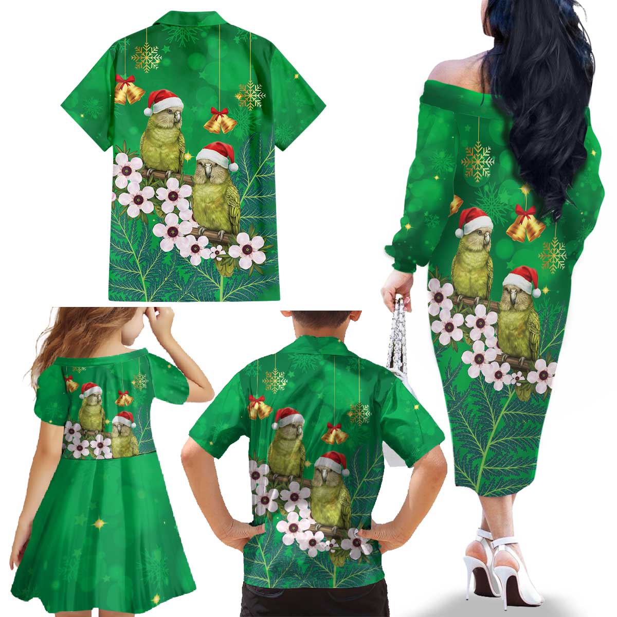 New Zealand Kakapo Christmas Family Matching Off The Shoulder Long Sleeve Dress and Hawaiian Shirt Owl Parrot Santa Sliver Fern Manuka - Green - Polynesian Pride