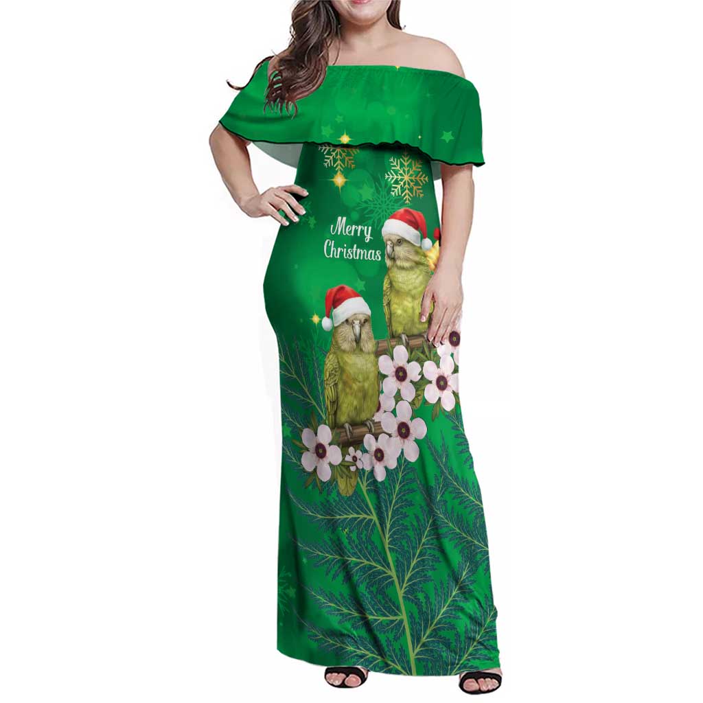 New Zealand Kakapo Christmas Family Matching Off Shoulder Maxi Dress and Hawaiian Shirt Owl Parrot Santa Sliver Fern Manuka - Green - Polynesian Pride