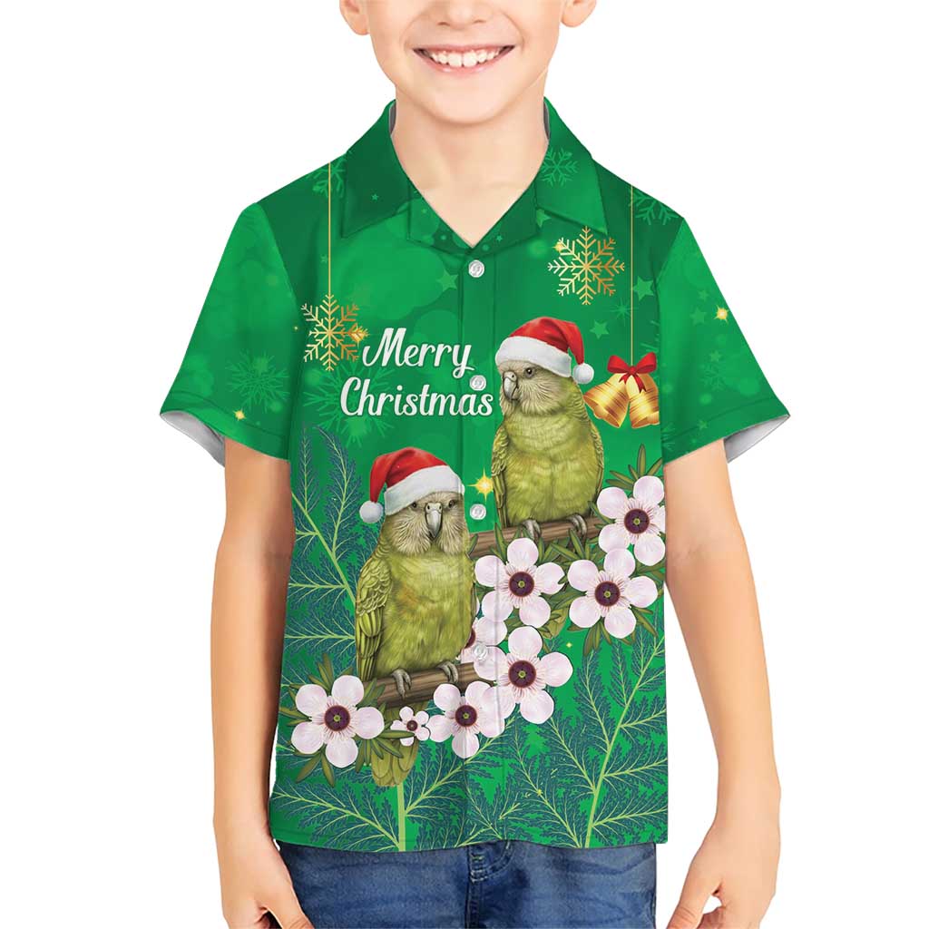 New Zealand Kakapo Christmas Family Matching Short Sleeve Bodycon Dress and Hawaiian Shirt Owl Parrot Santa Sliver Fern Manuka - Green - Polynesian Pride