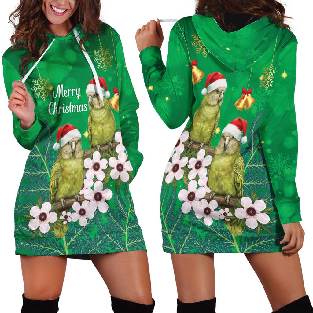 New Zealand Kakapo Christmas Hoodie Dress Owl Parrot Santa Sliver Fern Manuka - Green - Polynesian Pride