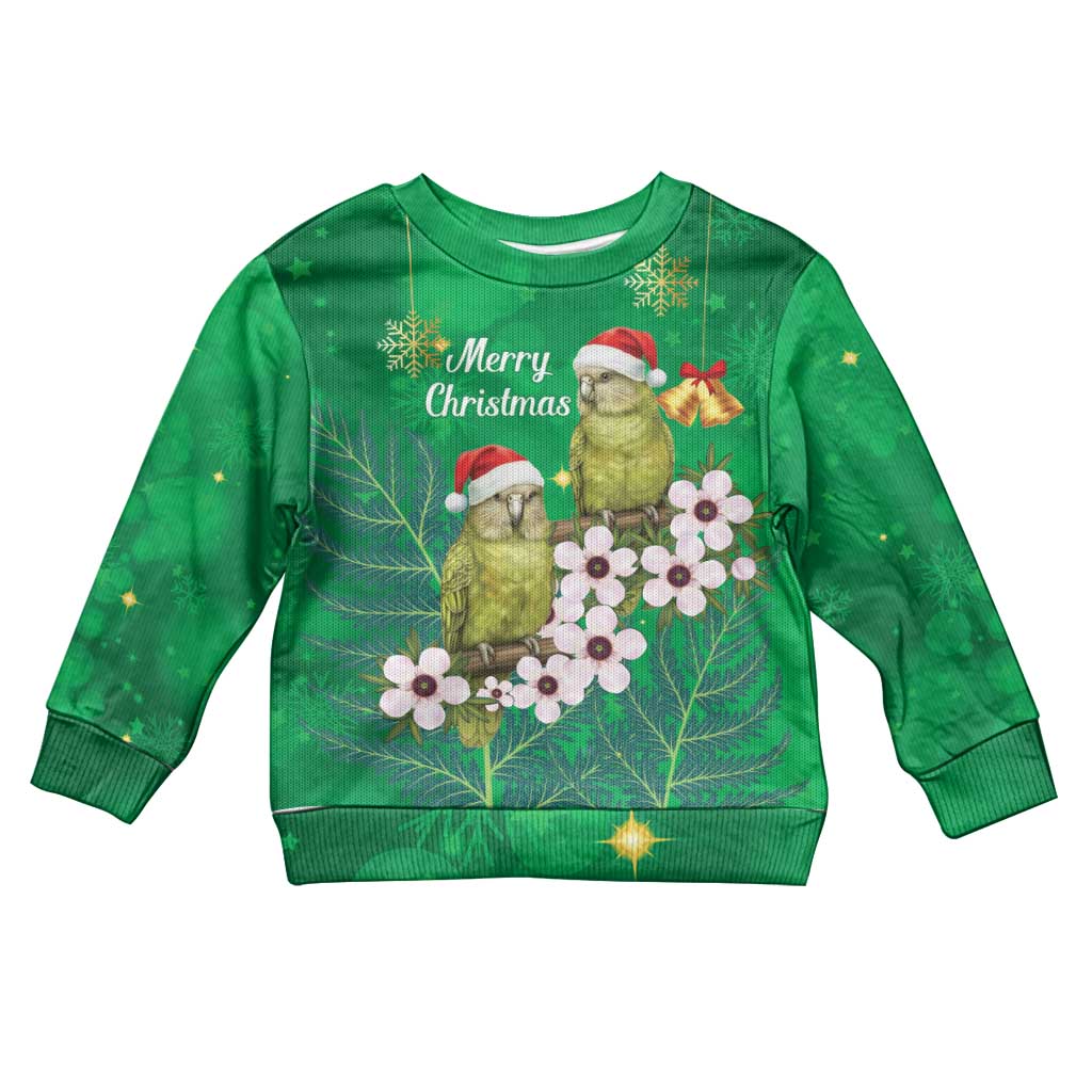 New Zealand Kakapo Christmas Kid Ugly Christmas Sweater Owl Parrot Santa Sliver Fern Manuka - Green - Polynesian Pride