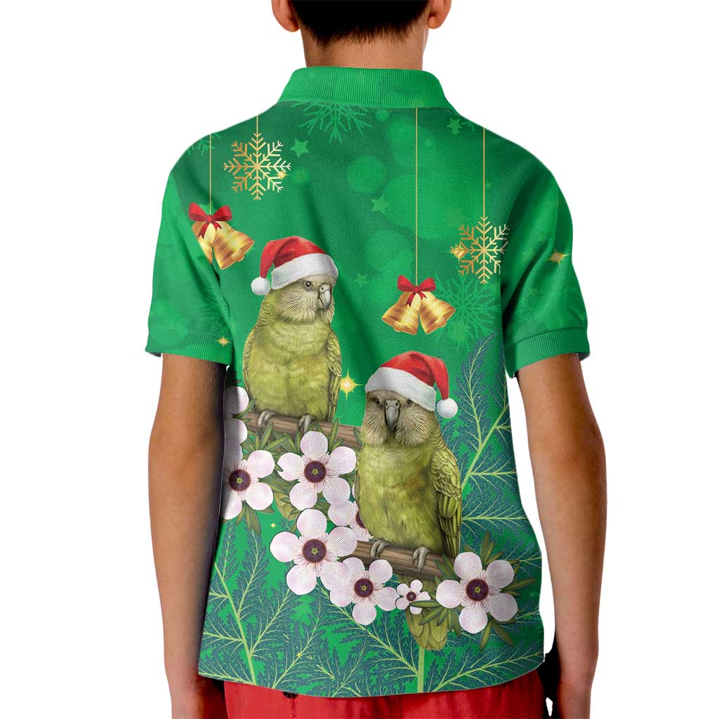 New Zealand Kakapo Christmas Kid Polo Shirt Owl Parrot Santa Sliver Fern Manuka - Green - Polynesian Pride