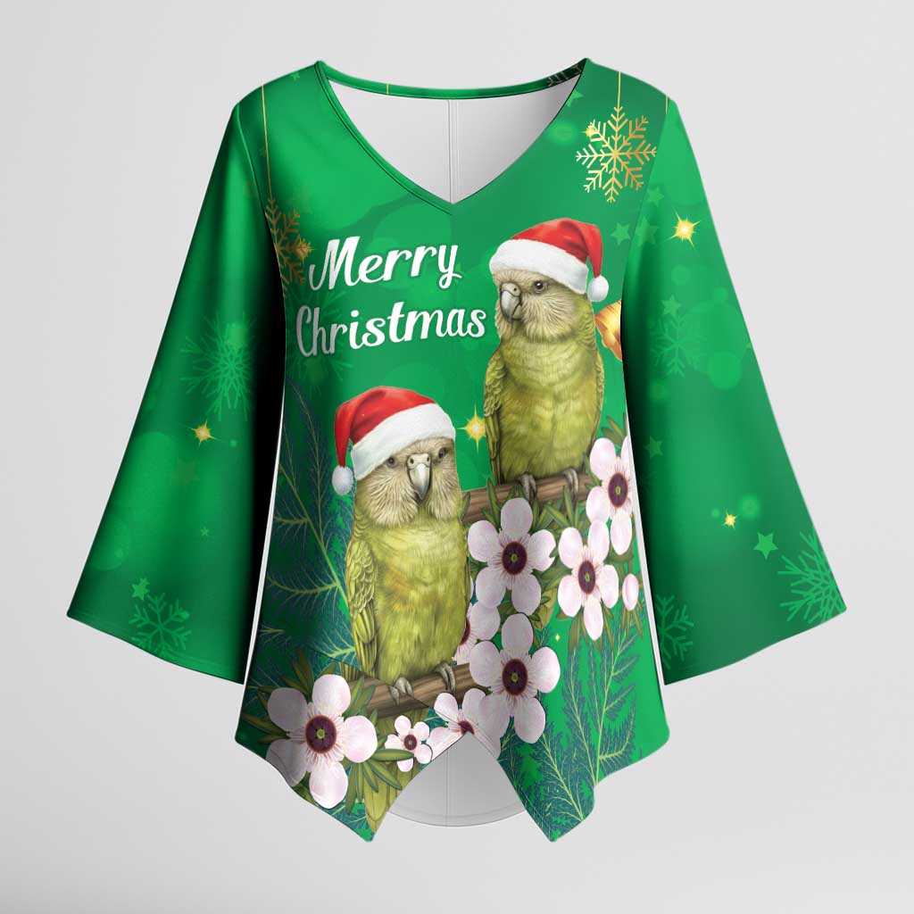 New Zealand Kakapo Christmas Kimono Sleeve Blouse Owl Parrot Santa Sliver Fern Manuka - Green LT14 Female Green - Polynesian Pride