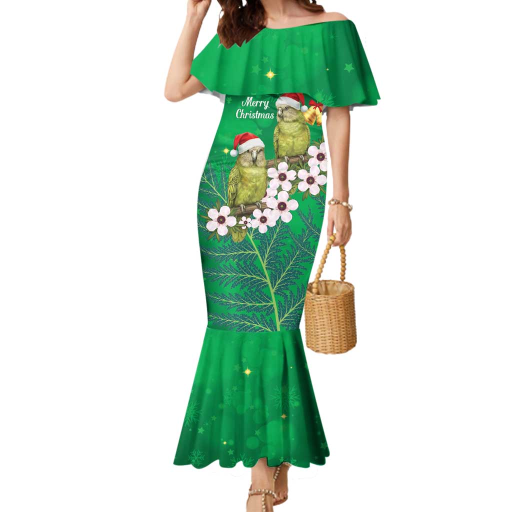 New Zealand Kakapo Christmas Mermaid Dress Owl Parrot Santa Sliver Fern Manuka - Green - Polynesian Pride