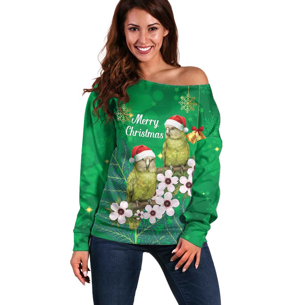 New Zealand Kakapo Christmas Off Shoulder Sweater Owl Parrot Santa Sliver Fern Manuka - Green - Polynesian Pride