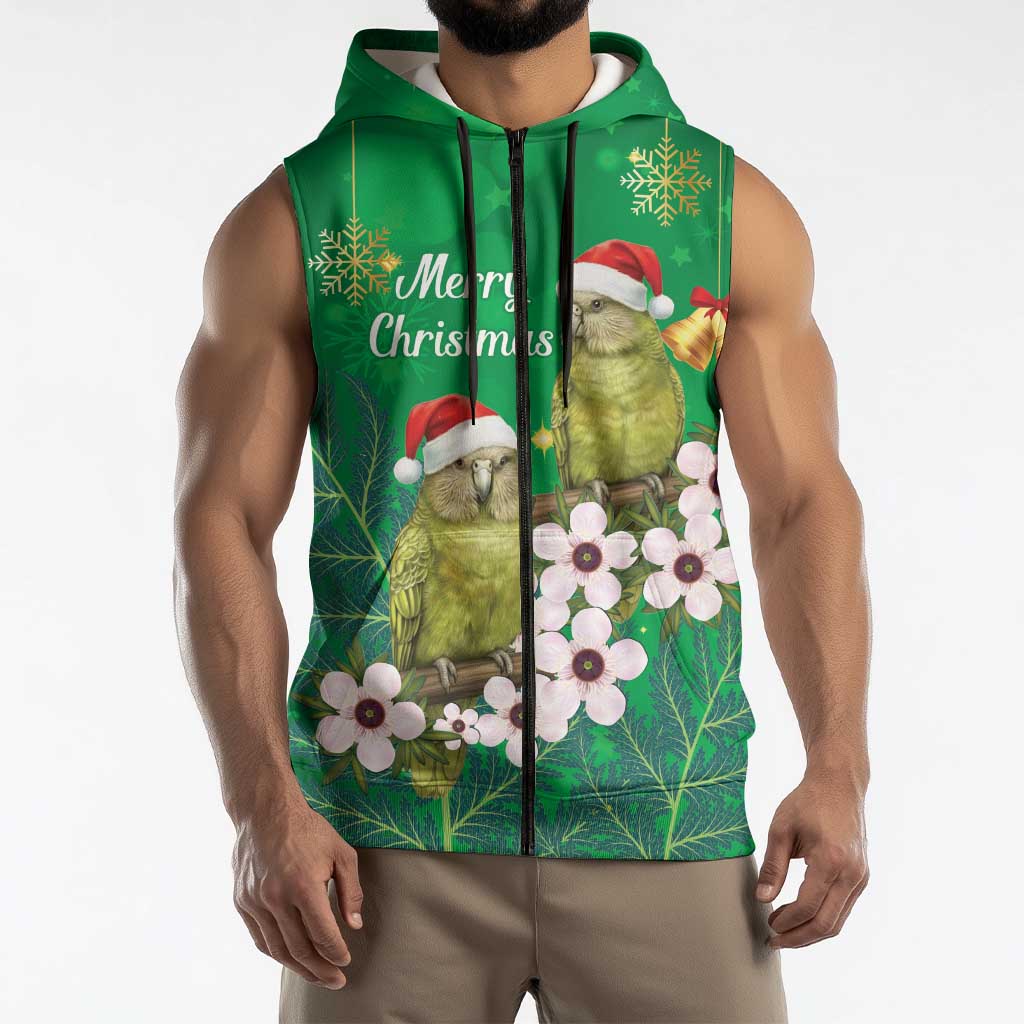 New Zealand Kakapo Christmas Sleeveless Zip Hoodie Owl Parrot Santa Sliver Fern Manuka - Green - Polynesian Pride