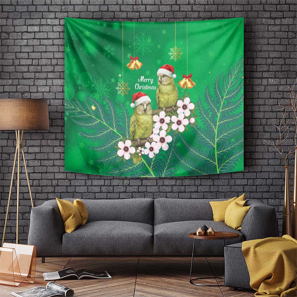 New Zealand Kakapo Christmas Tapestry Owl Parrot Santa Sliver Fern Manuka - Green - Polynesian Pride