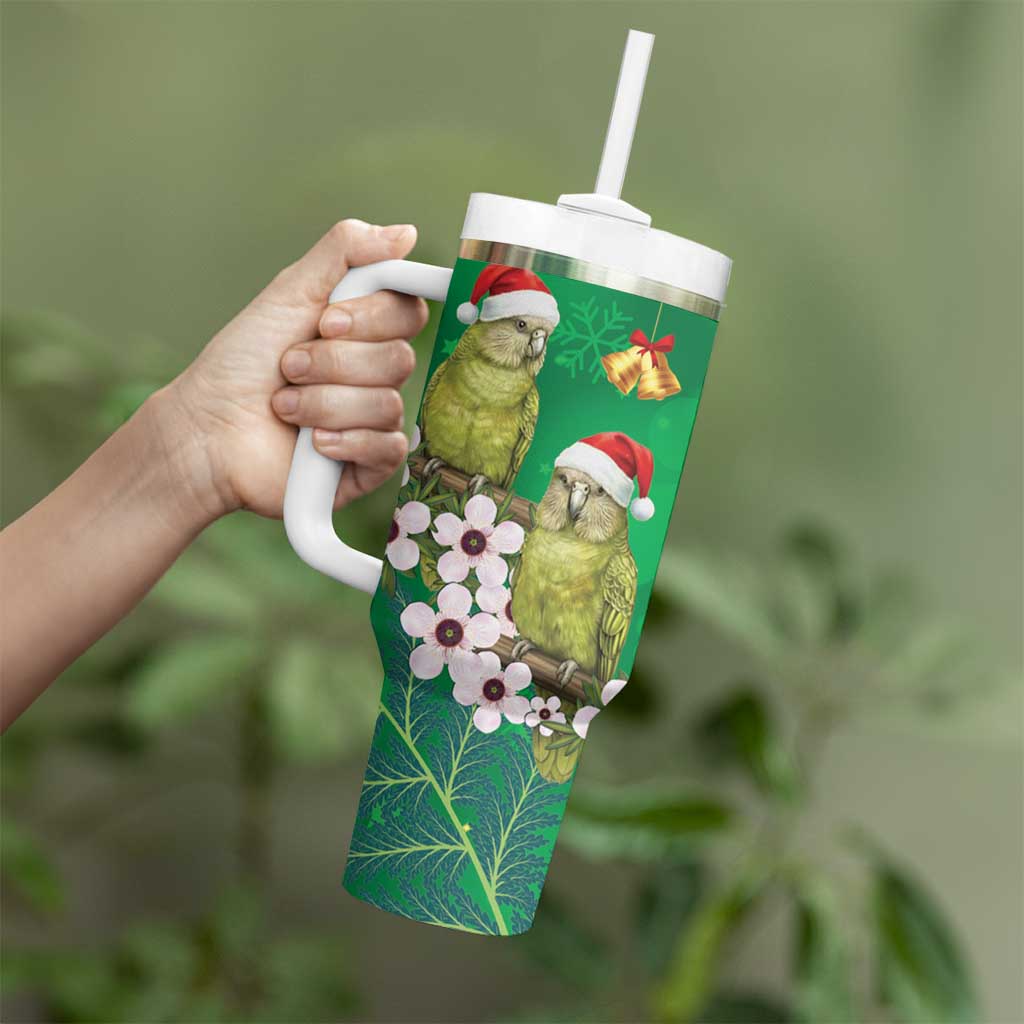 New Zealand Kakapo Christmas Tumbler With Handle Owl Parrot Santa Sliver Fern Manuka - Green - Polynesian Pride