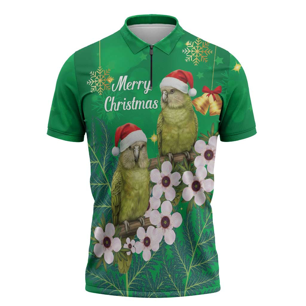 New Zealand Kakapo Christmas Zipper Polo Shirt Owl Parrot Santa Sliver Fern Manuka - Green LT14 Green - Polynesian Pride