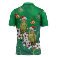 New Zealand Kakapo Christmas Zipper Polo Shirt Owl Parrot Santa Sliver Fern Manuka - Green - Polynesian Pride