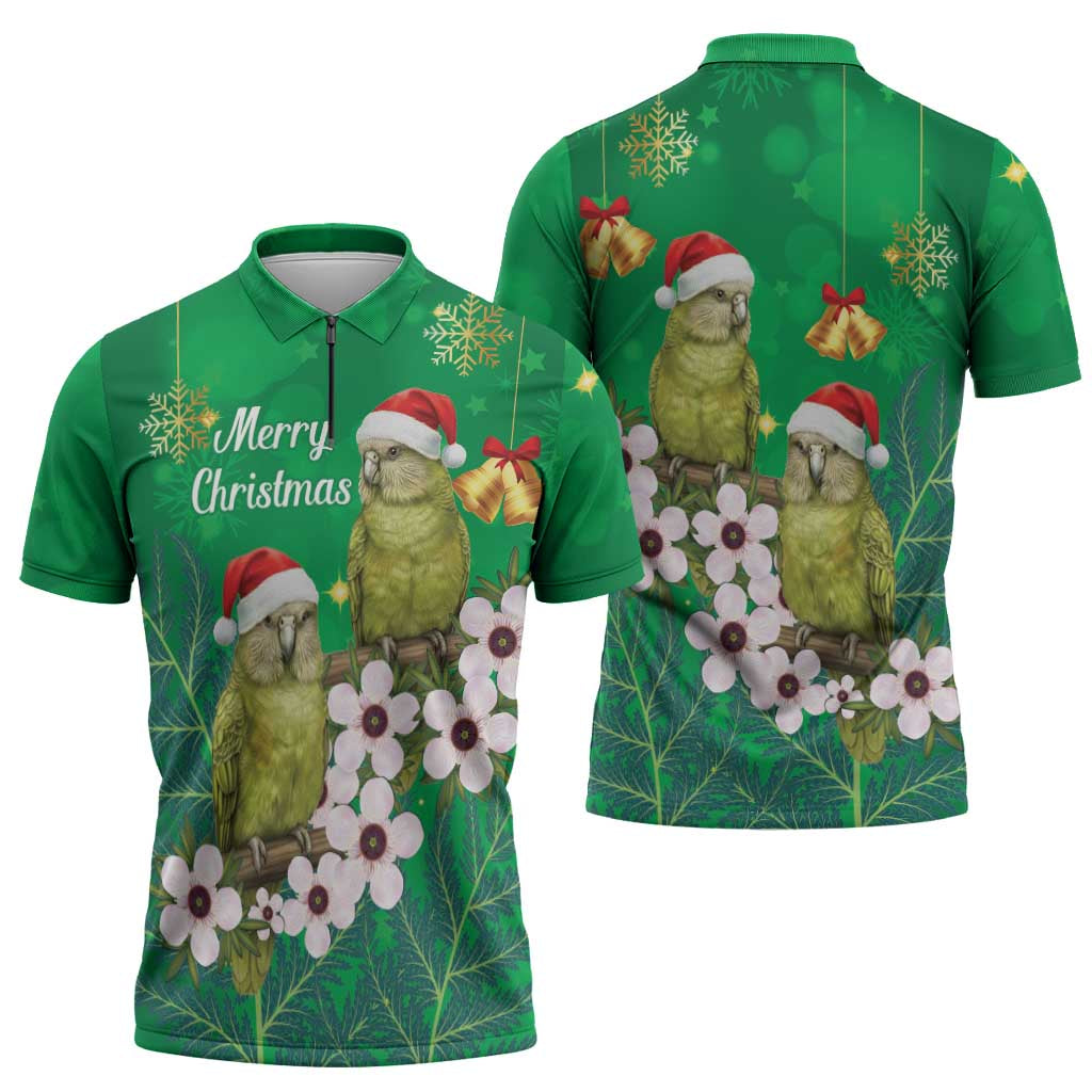 New Zealand Kakapo Christmas Zipper Polo Shirt Owl Parrot Santa Sliver Fern Manuka - Green - Polynesian Pride
