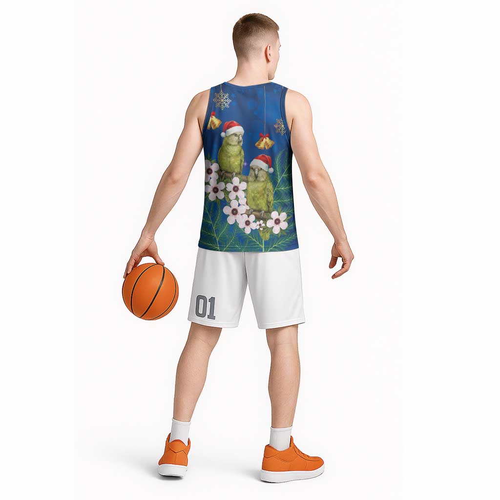 New Zealand Kakapo Christmas Basketball Jersey Owl Parrot Santa Sliver Fern Manuka - Blue - Polynesian Pride
