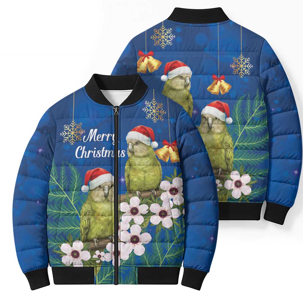 New Zealand Kakapo Christmas Bomber Puffer Jacket Owl Parrot Santa Sliver Fern Manuka - Blue - Polynesian Pride