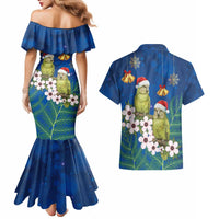 New Zealand Kakapo Christmas Couples Matching Mermaid Dress and Hawaiian Shirt Owl Parrot Santa Sliver Fern Manuka - Blue - Polynesian Pride