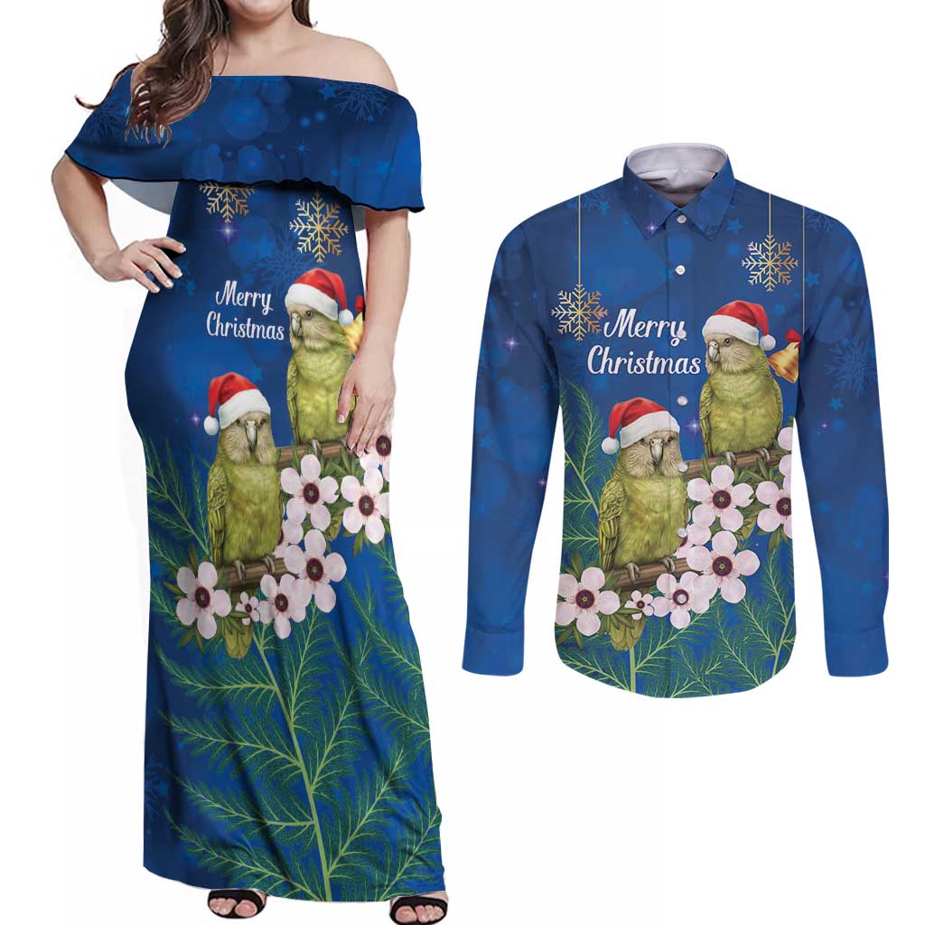New Zealand Kakapo Christmas Couples Matching Off Shoulder Maxi Dress and Long Sleeve Button Shirt Owl Parrot Santa Sliver Fern Manuka - Blue LT14 Blue - Polynesian Pride