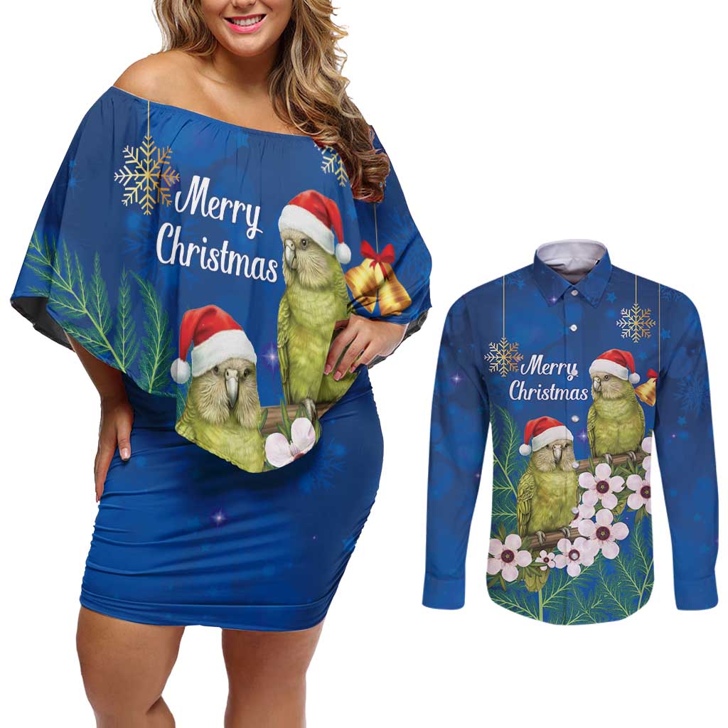 New Zealand Kakapo Christmas Couples Matching Off Shoulder Short Dress and Long Sleeve Button Shirt Owl Parrot Santa Sliver Fern Manuka - Blue LT14 Blue - Polynesian Pride