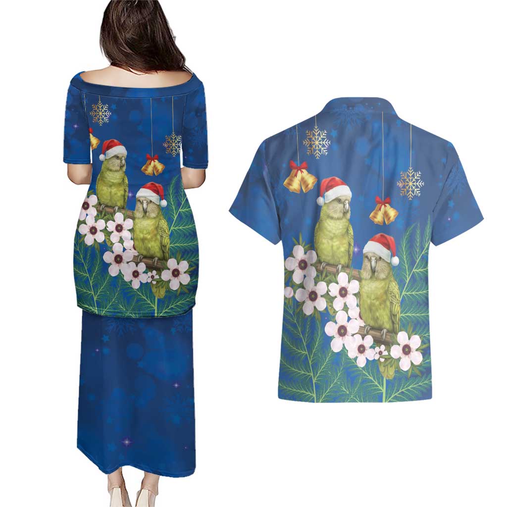 New Zealand Kakapo Christmas Couples Matching Puletasi and Hawaiian Shirt Owl Parrot Santa Sliver Fern Manuka - Blue - Polynesian Pride