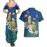 New Zealand Kakapo Christmas Couples Matching Summer Maxi Dress and Hawaiian Shirt Owl Parrot Santa Sliver Fern Manuka - Blue - Polynesian Pride