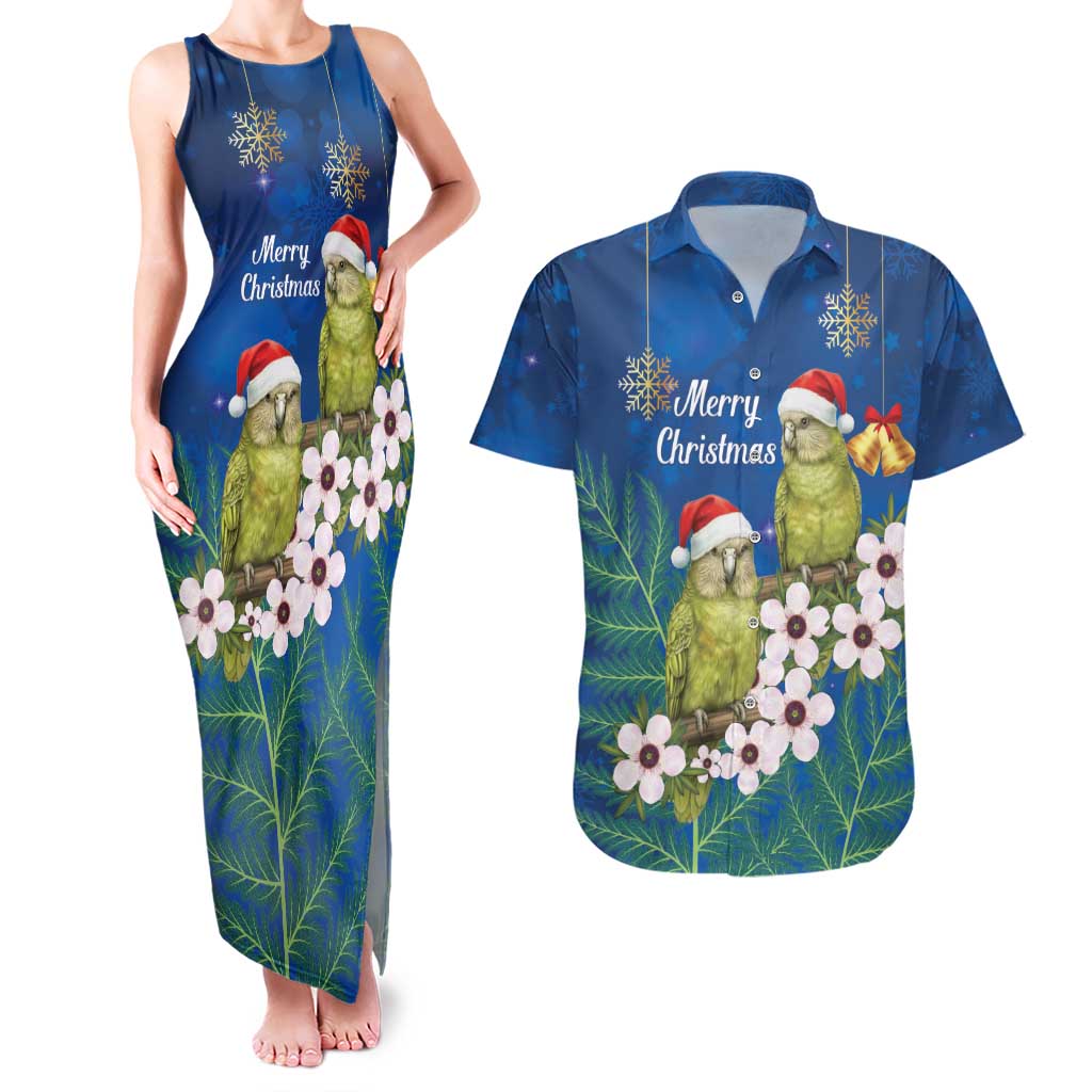 New Zealand Kakapo Christmas Couples Matching Tank Maxi Dress and Hawaiian Shirt Owl Parrot Santa Sliver Fern Manuka - Blue - Polynesian Pride
