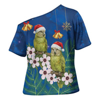 New Zealand Kakapo Christmas Cross Shoulder Shirt Owl Parrot Santa Sliver Fern Manuka - Blue - Polynesian Pride