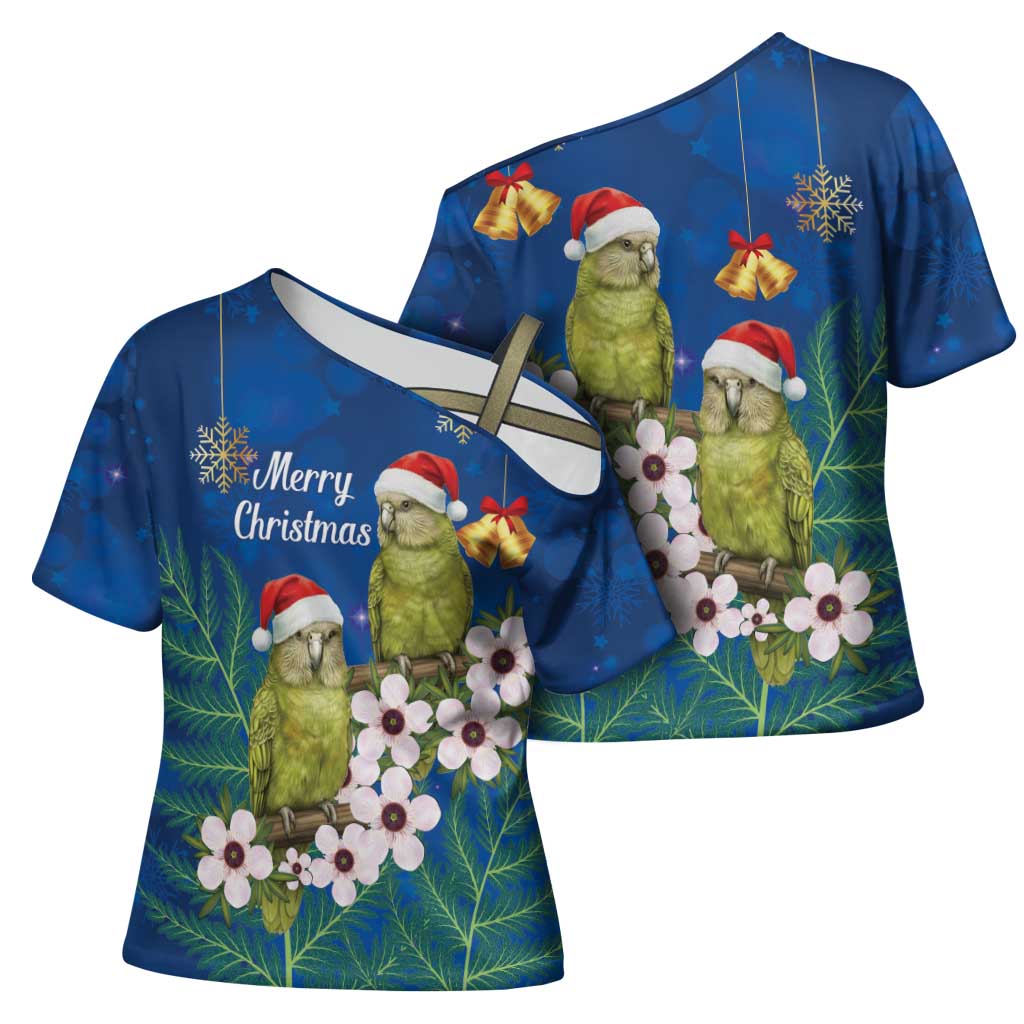 New Zealand Kakapo Christmas Cross Shoulder Shirt Owl Parrot Santa Sliver Fern Manuka - Blue - Polynesian Pride
